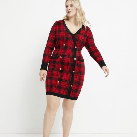 Eloquii Dresses & Skirts - Eloquii Red Black Plaid Sweater Dress Plus Size Women’s Size 18/20 V Neck
